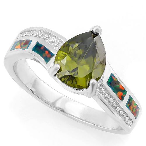 RING SIZE 8 ! CREATED GREEN MYSTIC GEMSTONE & CREATED ORANGE OPAL 925 STERLING SILVER RING