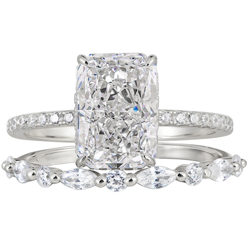 NEW! CREATE WHITE SAPPHIRE 2-PIECES SET RING 18K WHITE GOLD OVER SILVER SET