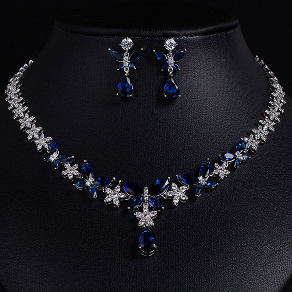NEW! CREATED SAPPHIRE EARRINGS & NECKLACE 18K WHITE GOLD PLATED GERMAN SILVER SET