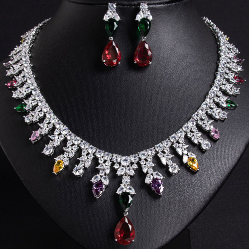 PRICELESS ! CREATED MULTICOLOR SAPPHIRE EARRINGS & NECKLACE SET 18K WHITE GOLD PLATED GERMAN SILVER SET