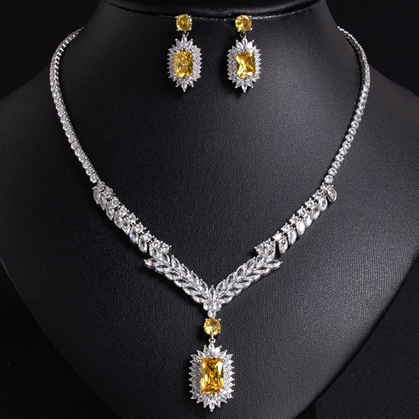 NEW! CREATED YELLOW SAPPHIRE EARRINGS & NECKLACE 18K WHITE GOLD PLATED GERMAN SILVER SET