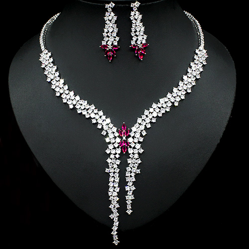 NEW! CREATED RUBY & WHITE SAPPHIRE 18K WHITE GOLD PLATED GERMAN SILVER EARRINGS & NECKLACE SET