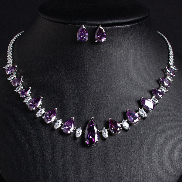 NEW! CREATED AMETHYST & WHITE SAPPHIRE EARRINGS & NECKLACE 18K WHITE GOLD PLATED GERMAN SILVER SET