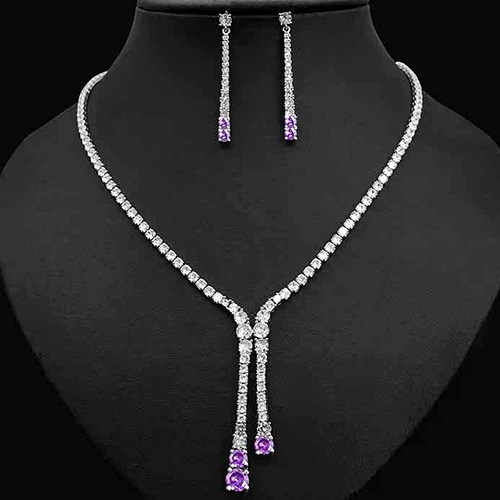 NEW! CREATED AMETHYST & WHITE SAPPHIRE EARRINGS & NECKLACE 18K WHITE GOLD PLATED GERMAN SILVER SET