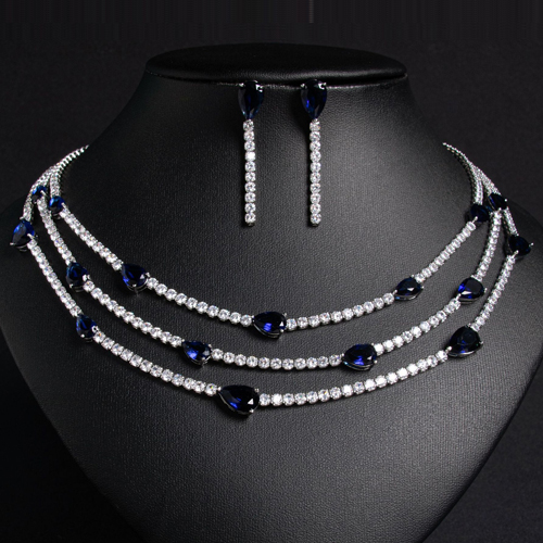 PRICELESS ! CREATED SAPPHIRE EARRINGS & NECKLACE SET 18K WHITE GOLD PLATED GERMAN SILVER SET