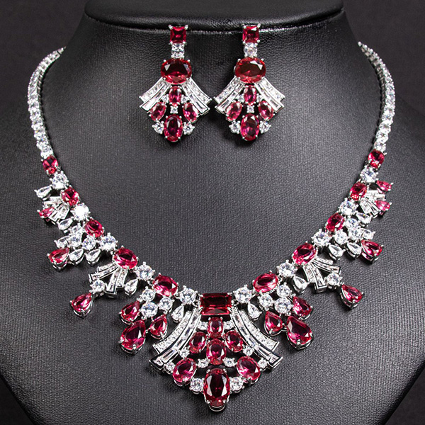 PRICELESS ! CREATED RUBY EARRINGS & NECKLACE SET 18K WHITE GOLD PLATED GERMAN SILVER SET