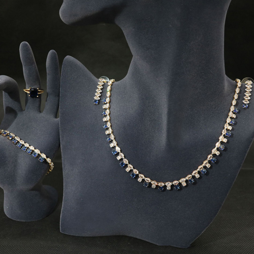 PRICELESS ! CREATED SAPPHIRE BRACELET RING EARRINGS & NECKLACE 4 PIECES SET 18K YELLOW GOLD PLATED GERMAN SILVER SET