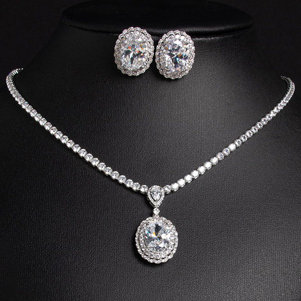 NEW! CREATED WHITE SAPPHIRE EARRINGS & NECKLACE 18K WHITE GOLD PLATED GERMAN SILVER SET