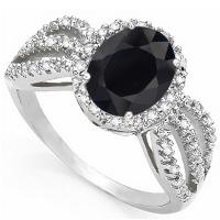 CHARMING ! 14K WHITE GOLD OVER SOLID STERLING SILVER 1/5 CT DIAMONDS & 3.26 CT GENUINE BLACK SAPPHIRE RING