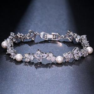 NEW! MOTHER OF PEARL & SPARKLING CREATED WHITE SAPPHIRE 18K WHITE GOLD PLATED GERMAN SILVER BRACELET