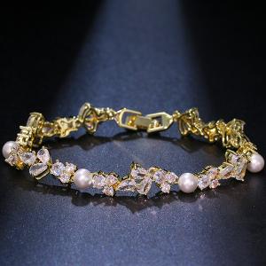 NEW! MOTHER OF PEARL & SPARKLING CREATED WHITE SAPPHIRE 18K YELLOW GOLD PLATED GERMAN SILVER BRACELET