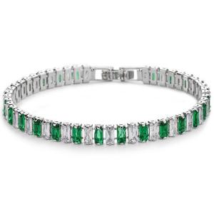 NEW! SPARKLING CREATED EMERALD & WHITE SAPPHIRE 18K WHITE GOLD PLATED GERMAN SILVER BRACELET
