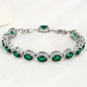 NEW! SPARKLING CREATED EMERALD & WHITE SAPPHIRE 18K WHITE GOLD PLATED GERMAN SILVER BRACELET