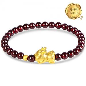 AWESOME ! 999 PURE GOLD GOOD LUCK PIXIU WITH GARNET BEADS 24KT SOLID GOLD BRACELET