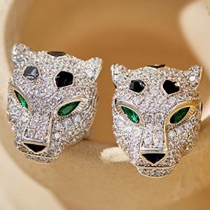 NEW ! CREATED WHITE SAPPHIRE LEOPARD DESIGN 18K WHITE GOLD PLATED GERMAN SILVER EARRINGS