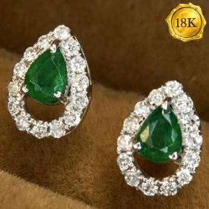 LUXURY COLLECTION ! 0.30 CT GENUINE EMERALD & 0.20 CT GENUINE DIAMOND 18KT SOLID GOLD EARRINGS