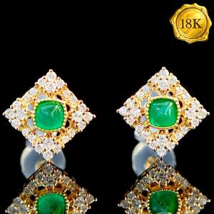 LUXURY COLLECTION ! 0.26 CT GENUINE EMERALD & 0.24 CT GENUINE DIAMOND 18KT SOLID GOLD EARRINGS