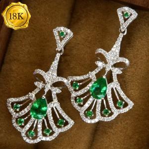 LUXURY COLLECTION ! 0.90 CT GENUINE EMERALD & 0.70 CT GENUINE DIAMOND 18KT SOLID GOLD EARRINGS