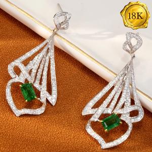 LUXURY COLLECTION ! 1.12 CT GENUINE EMERALD & 0.96 CT GENUINE DIAMOND 18KT SOLID GOLD EARRINGS
