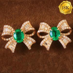 LUXURY COLLECTION ! (CERTIFICATE REPORT) 0.65 CT GENUINE EMERALD & 0.42 CT GENUINE DIAMOND 18KT SOLID GOLD EARRINGS