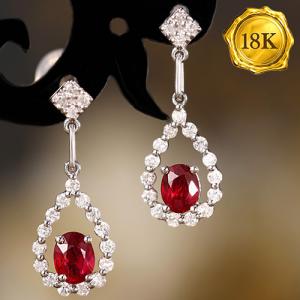 LUXURY COLLECTION ! 0.70 CT GENUINE RUBY & 0.37 CT GENUINE DIAMOND 18KT SOLID GOLD EARRINGS