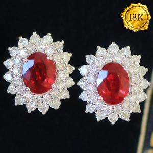LUXURY COLLECTION ! (CERTIFICATE REPORT) 0.85 CT GENUINE MOZAMBIQUE RUBY & 0.52 CT GENUINE DIAMOND 18KT SOLID GOLD EARRINGS