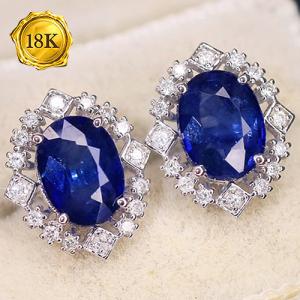 LUXURY COLLECTION !  (CERTIFICATE REPORT) 2.20 CT GENUINE SRI LANKA SAPPHIRE & 0.16 CT GENUINE DIAMOND 18KT SOLID GOLD EARRINGS