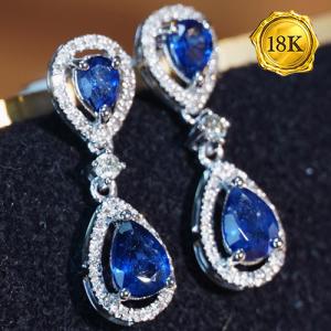 LUXURY COLLECTION ! (CERTIFICATE REPORT) 0.64 CT GENUINE SAPPHIRE & 0.20 CT GENUINE DIAMOND 18KT SOLID GOLD EARRINGS