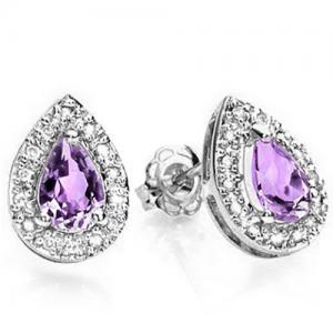 DAZZLING ! WOMENS 14K WHITE GOLD OVER SOLID STERLING SILVER DIAMONDS & 4/5 CT AMETHYST EARRINGS STUD
