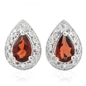 ELITE ! 14K WHITE GOLD OVER SOLID STERLING SILVER DIAMONDS & 1.00 CT GARNET EARRINGS STUD