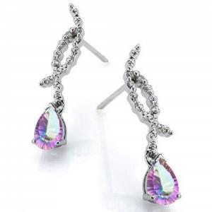STUNNING ! 14K WHITE GOLD OVER SOLID STERLING SILVER DIAMONDS & 1.57 CT MYSTIC GEMSTONE DANGLE EARRINGS