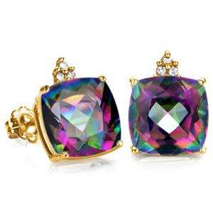 IDEAL ! 1.90 CT MYSTIC GEMSTONE & GENUINE DIAMOND 10KT SOLID GOLD EARRINGS STUD