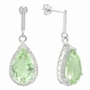 FOXY ! WOMENS 14K WHITE GOLD OVER SOLID STERLING SILVER DIAMONDS & 2.50 CT GREEN AMETHYST DANGLE EARRINGS