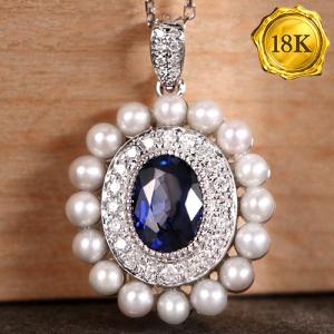 LUXURY COLLECTION ! 0.60 CT GENUINE SAPPHIRE & 0.16 CT GENUINE DIAMOND 18KT SOLID GOLD NECKLACE