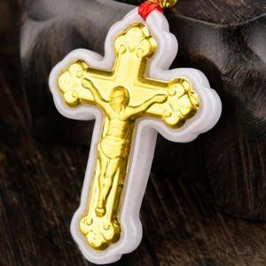 SMASHING! 24K SOLID YELLOW GOLD 27*39MM JESUS CROSS JADE PENDANT WITH NECKLACE 24K YELLOW GOLD PLATED NECKLACE