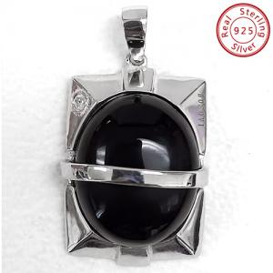 ADORABLE ! 14K WHITE GOLD OVER SOLID STERLING SILVER DIAMONDS & 14.97 CT BLACK AGATE PENDANT