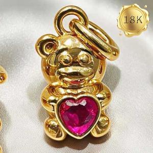 NEW! HEART SHAPE RUBY 18K SOLID YELLOW GOLD BEAR PENDANT