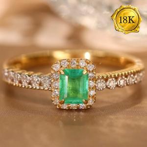 LUXURY COLLECTION ! (CERTIFICATE REPORT) 0.30 CT GENUINE EMERALD & GENUINE DIAMOND 18KT SOLID GOLD RING