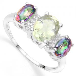 RING SZIE 6 ! WOMENS 14K WHITE GOLD OVER SOLID STERLING SILVER 1/4 CT MYSTIC GEMSTONE & 1.85 CT GREEN AMETHYST RING