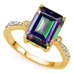 ALLURING ! 3.20 CT MYSTIC GEMSTONE & GENUINE DIAMOND 10KT SOLID GOLD RING