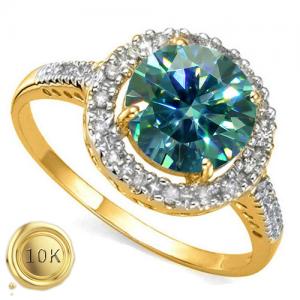 PRECIOUS ! 2.00 CT BLUE DIAMOND MOISSANITE & GENUINE DIAMOND 10KT SOLID GOLD RING