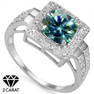 (CERTIFICATE REPORT) 2.00 CT BLUE DIAMOND MOISSANITE (HEART & ARROWS CUT/VVS) & 1/5 CT GENUINE DIAMOND 10KT SOLID GOLD RING