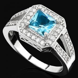 RING SIZE 8 ! CREATED BLUE TOPAZ & FLAWLESS CREATED DIAMOND 18K GOLD PLATED GERMAN SILVER RING