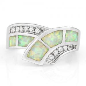 IMMACULATE ! WOMENS 14K WHITE GOLD OVER SOLID STERLING SILVER CREATED WHITE SAPPHIRE & CREATED ETHIOPIAN OPAL RING