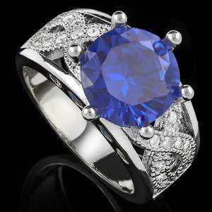 BEAUTEOUS ! CREATED SAPPHIRE & CREATED DIAMOND 18K GOLD PLATED GERMAN SILVER RING