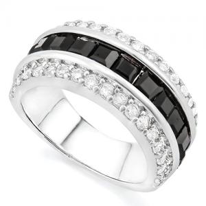 STUNNING ! CREATED BLACK SAPPHIRE & CREATED WHITE SAPPHIRE 18K GOLD PLATED GERMAN SILVER BAND RING