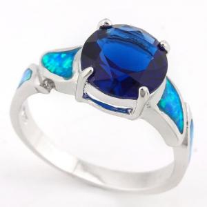 BRILLIANT ! 14K WHITE GOLD OVER SOLID STERLING SILVER 1.00 CT CREATED ETHIOPIAN OPAL  & 3.70 CT CREATED BLUE SAPPHIRE RING