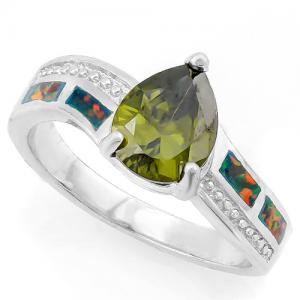 RING SIZE 8 ! CREATED GREEN MYSTIC GEMSTONE & CREATED ORANGE OPAL 925 STERLING SILVER RING