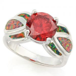 SPARKLING ! 4.50 CT CREATED RED SAPPHIRE & 1.00 CT CREATED ETHIOPIAN OPAL 925 STERLING SILVER RING
