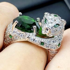 LUXURIANT ! CREATED EMERALD & CREATED WHITE SAPPHIRE 18K WHITE GOLD PLATED GERMAN SILVER RING